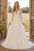 Long Sleeve V-Neck A-Line Wedding Dress with Lace Appliques and Chapel Train for Rustic Garden Ceremony front view