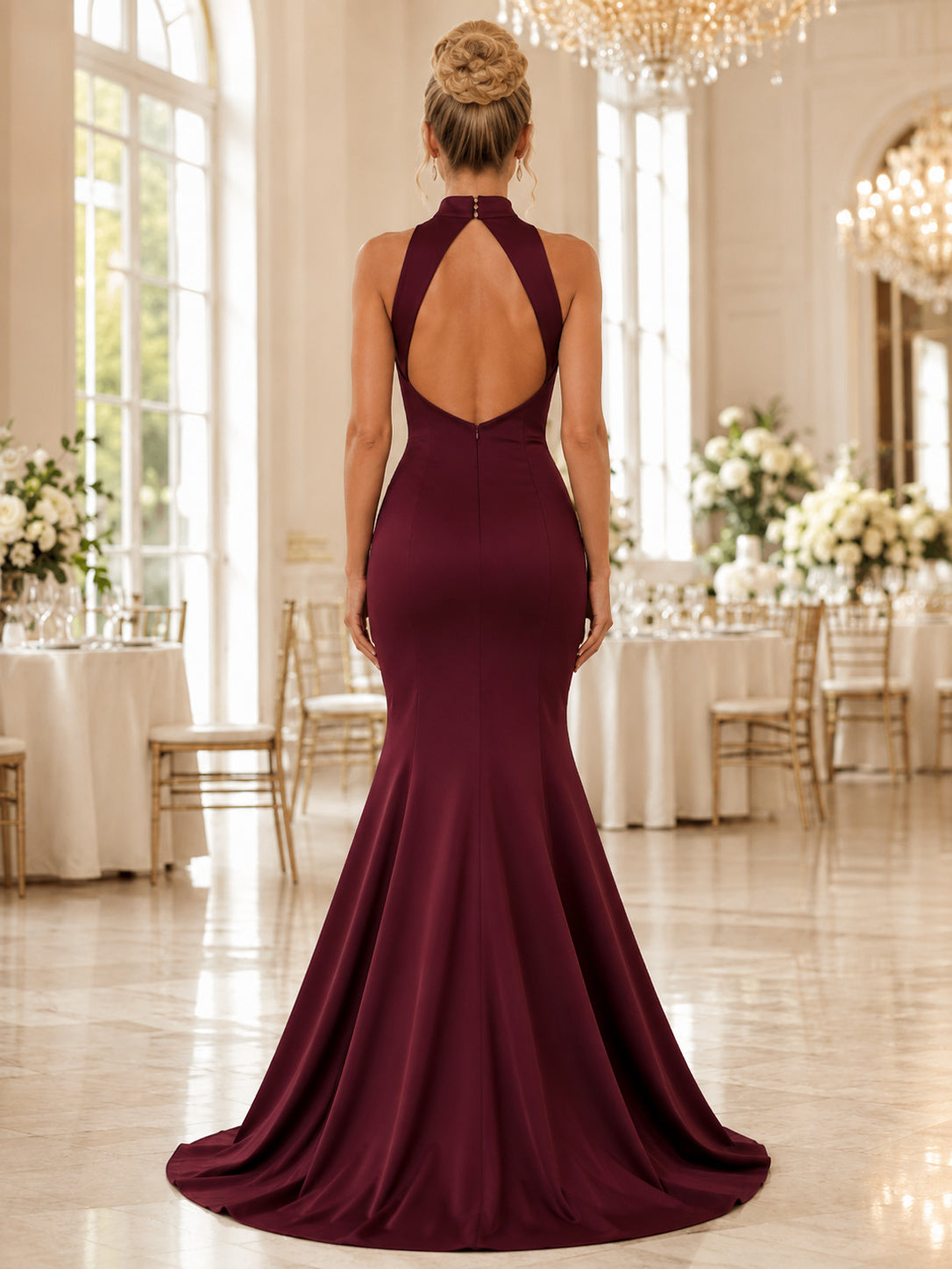 Burgundy High Halter Backless Satin Mermaid Floor Guest Dress back view