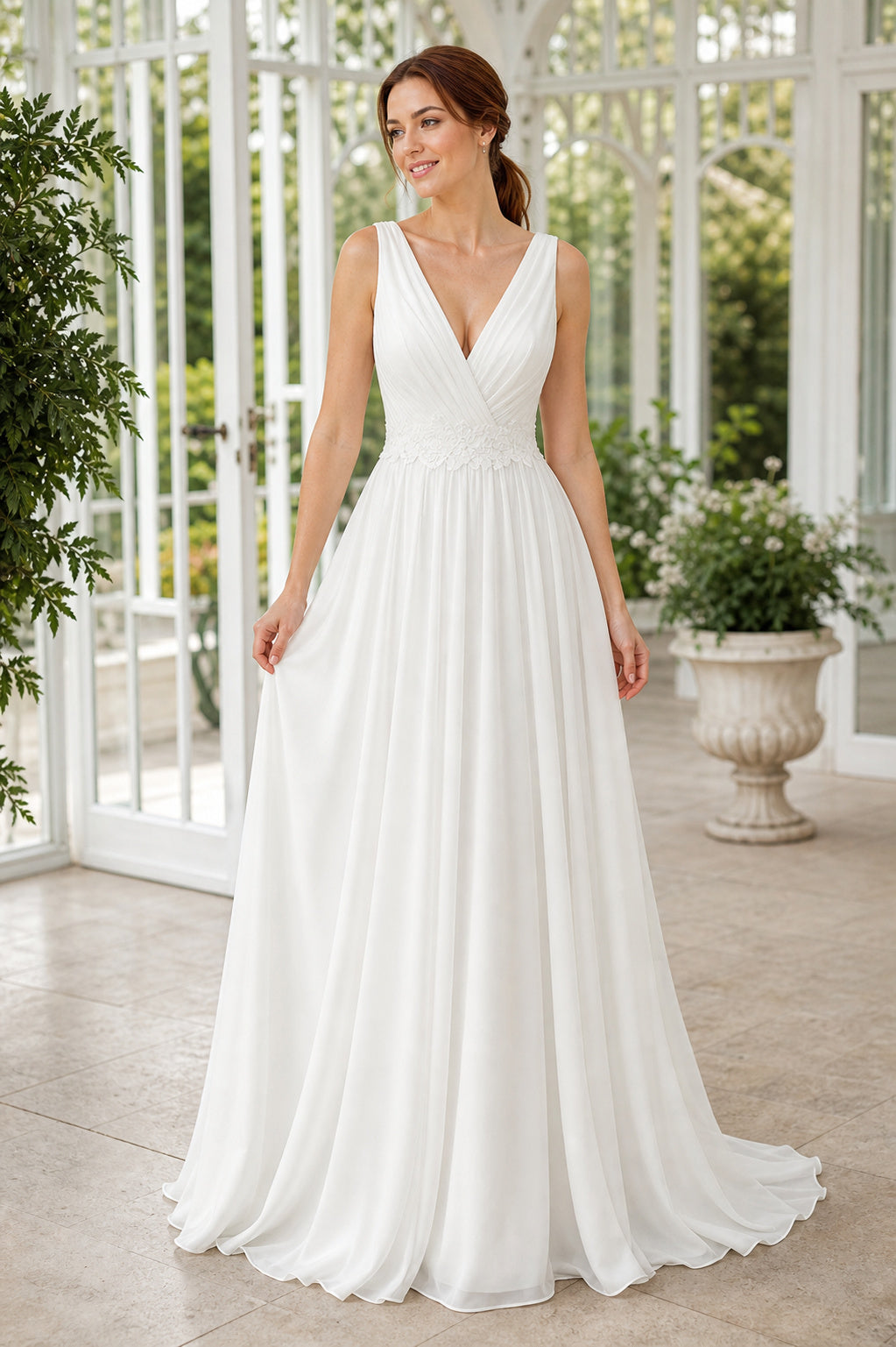 White V-neck A-Line Chiffon Floor-length Wedding Dress With Front Slit and Beaded Waist and Open Back