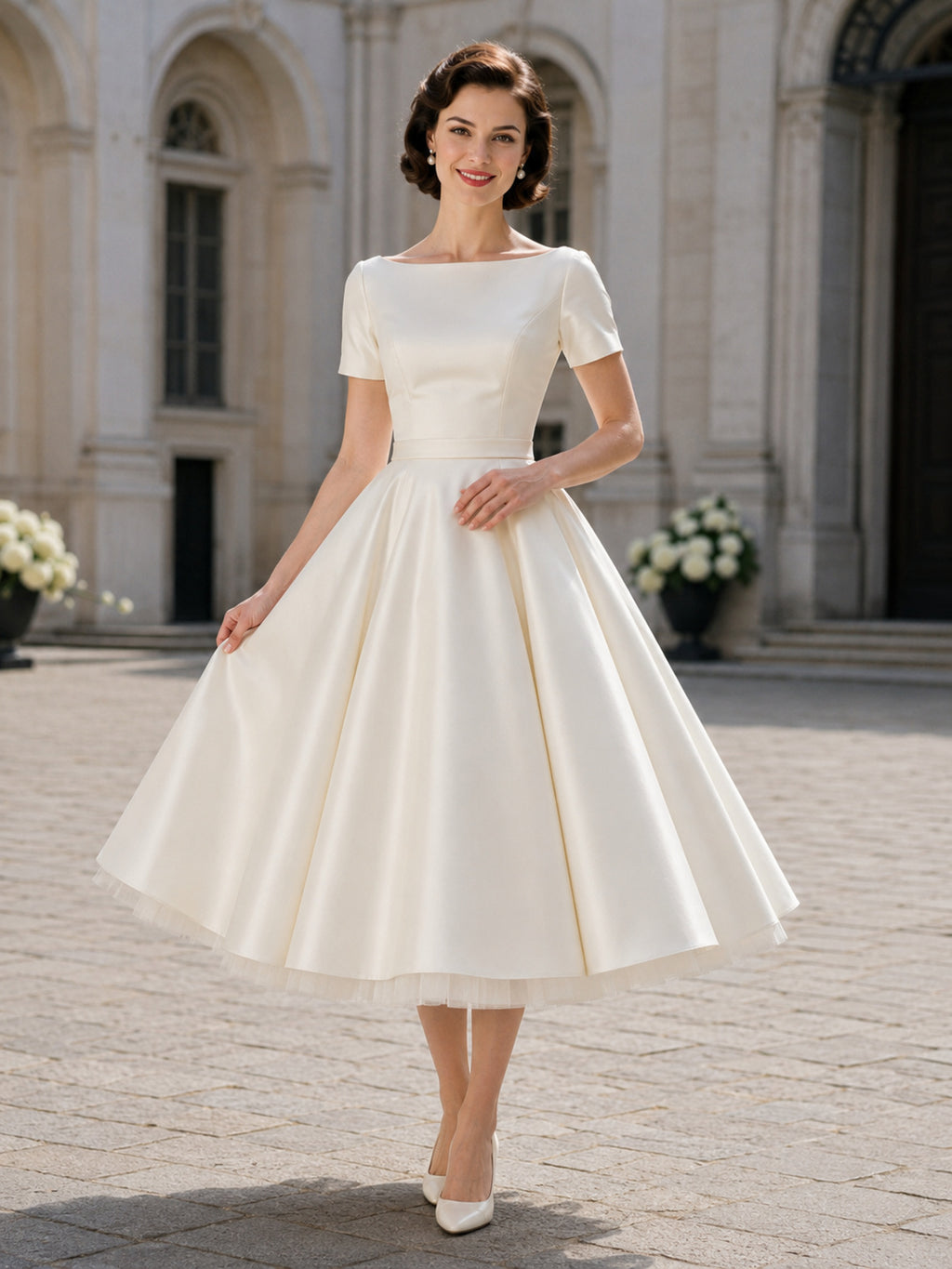 1950s Bateau Short Sleeve Satin A-Line Swing Tea Length Wedding Dress front view
