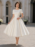 1950s Bateau Short Sleeve Satin A-Line Swing Tea Length Wedding Dress front view