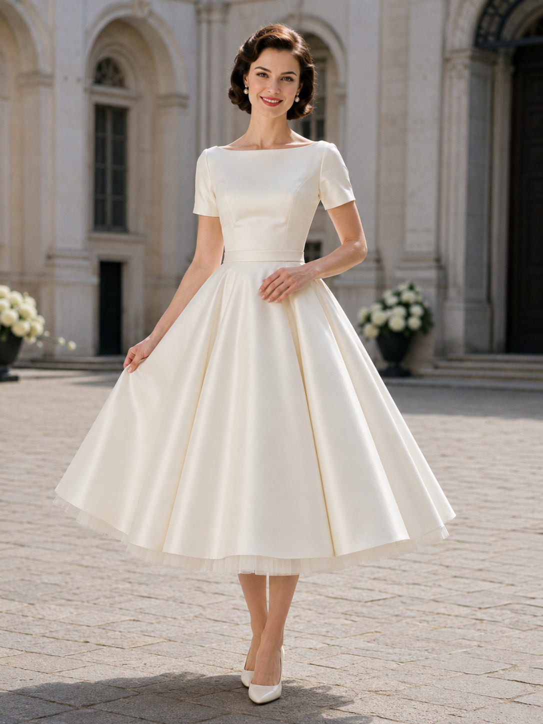 1950s Bateau Short Sleeve Satin A-Line Swing Tea Length Wedding Dress front view