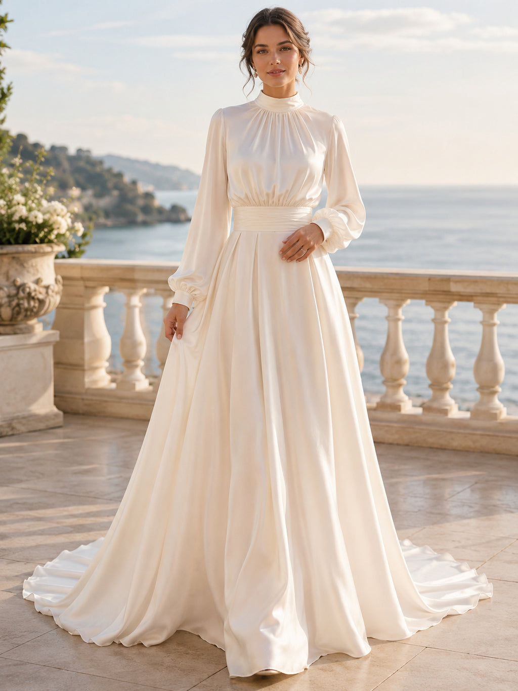 Beach Chiffon Wedding Dress A-Line High Neck Long Sleeve Sweep Train Bridal Gown front view