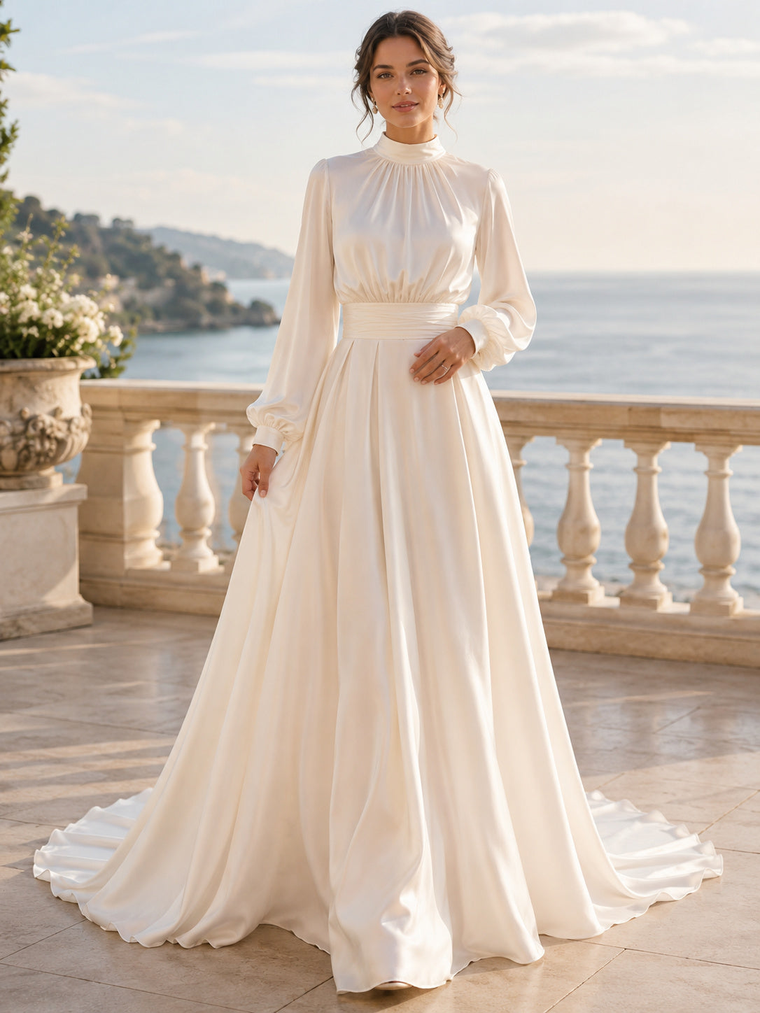 Beach Chiffon Wedding Dress A-Line High Neck Long Sleeve Sweep Train Bridal Gown front view