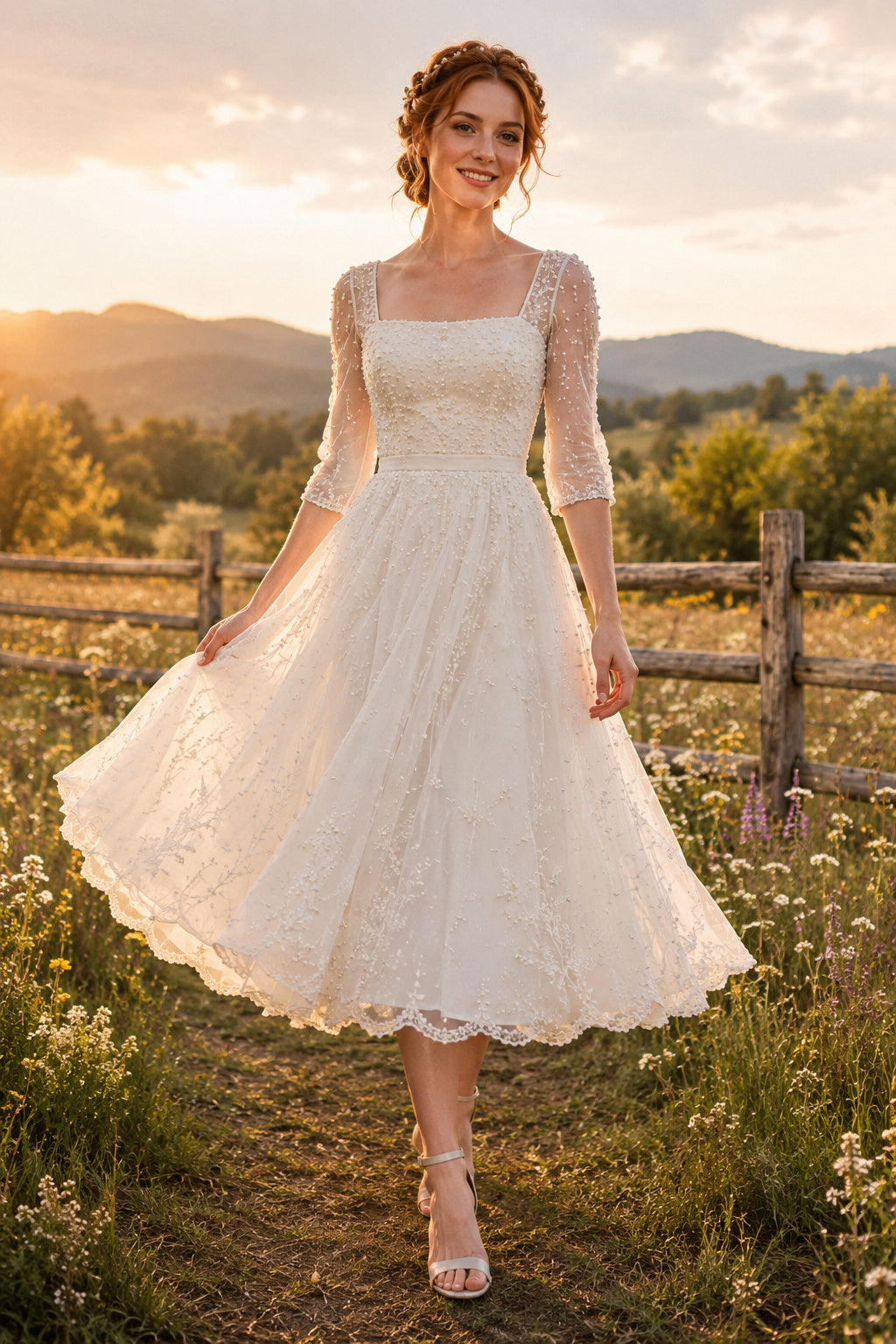 Ivory Square Neck Three-Quarter Sleeve Lace Tulle Tea-Length Wedding Dress with Lace Sleeves and Full Midi Skirt front view