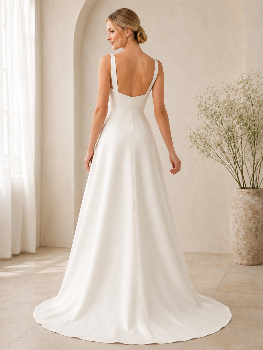 Simple Square Neck Sleeveless Satin A-Line Court Train Minimalist Wedding Dress back view