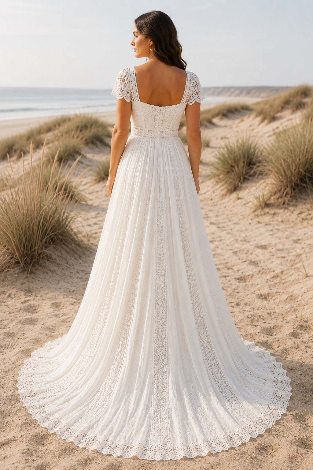 Square Neck Cap Sleeve A-Line Wedding Dress with Lace Bodice and Chiffon Train for Beach Garden Ceremony back view