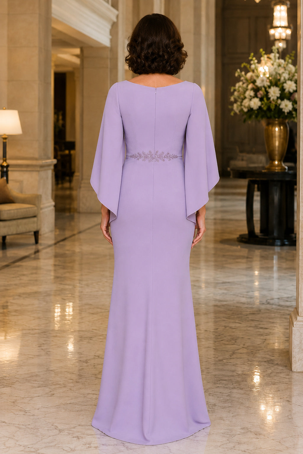 Lavender Bateau Sheath Mother Dress with Long Cape Sleeves and Beaded Waist back view