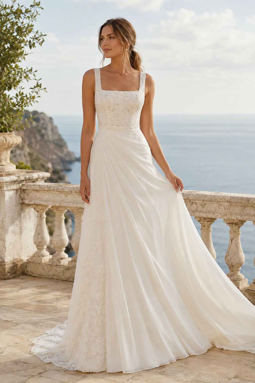 White Square Strap Satin A-Line Wedding Dress Sweep Train for Wedding Ceremony and Reception front view