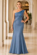 Steel Blue One-Shoulder Mermaid Formal Dress with Lace Shoulder Detail front view