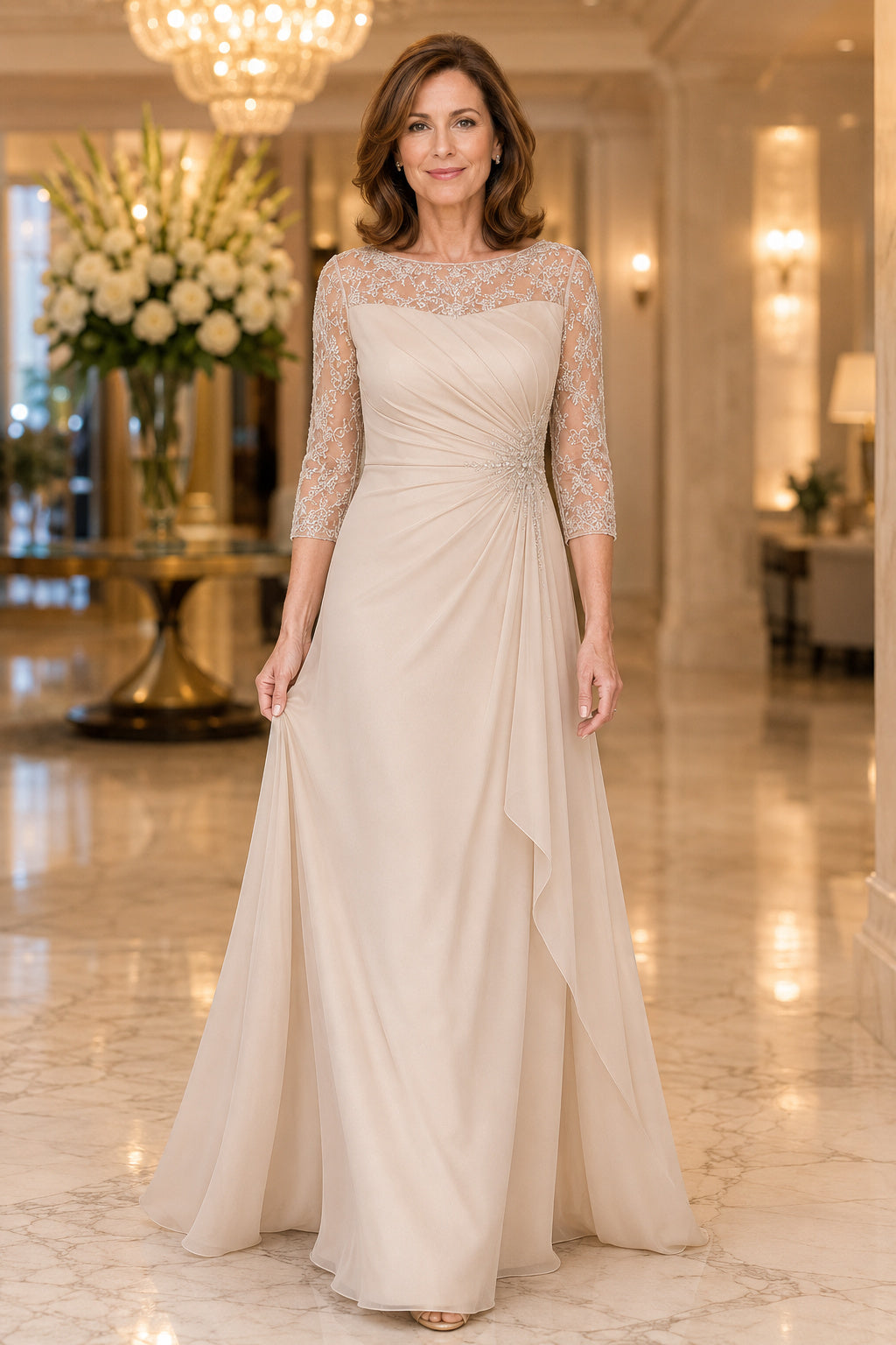 Ivory Lace Sleeve A-Line Mother Dress with Bateau Neck and Draped Chiffon Skirt front view