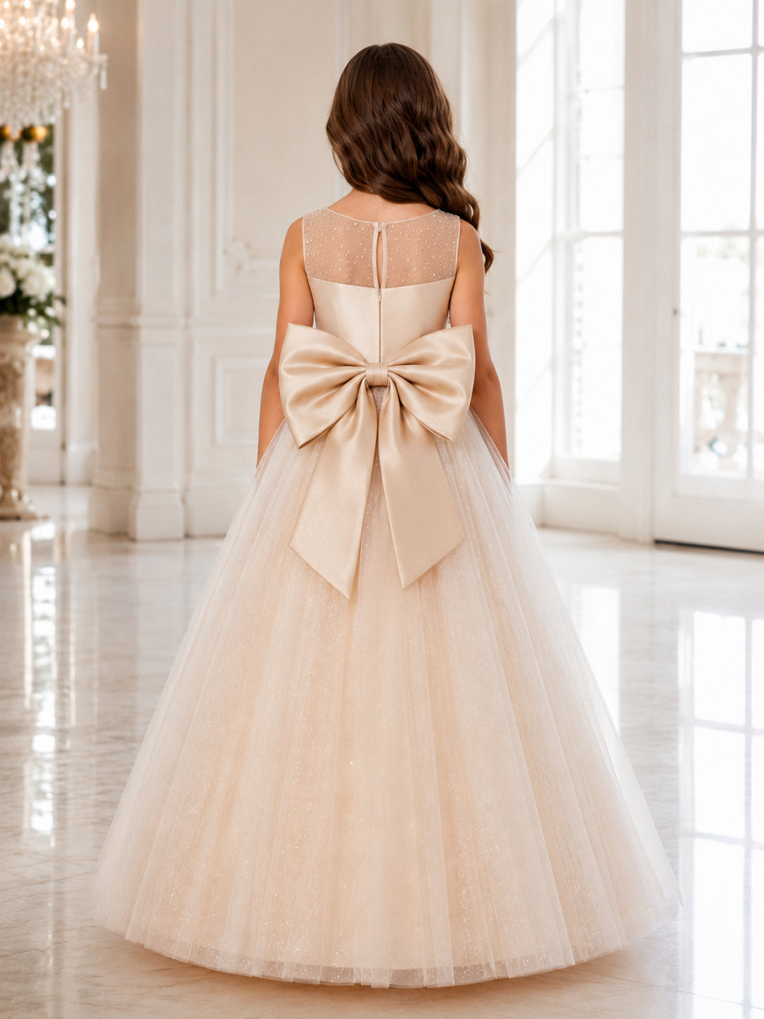 Flower Girl Dress Ivory Tulle A-Line Sleeveless Jewel Neck Floor Length Bow Back back view