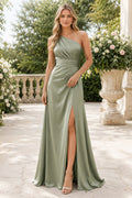 Sage One-Shoulder Chiffon A-Line Bridesmaid Dress with Side Split and Ruched Waist front view