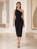 Black One Shoulder Ruched Sheath Cocktail Dress front view