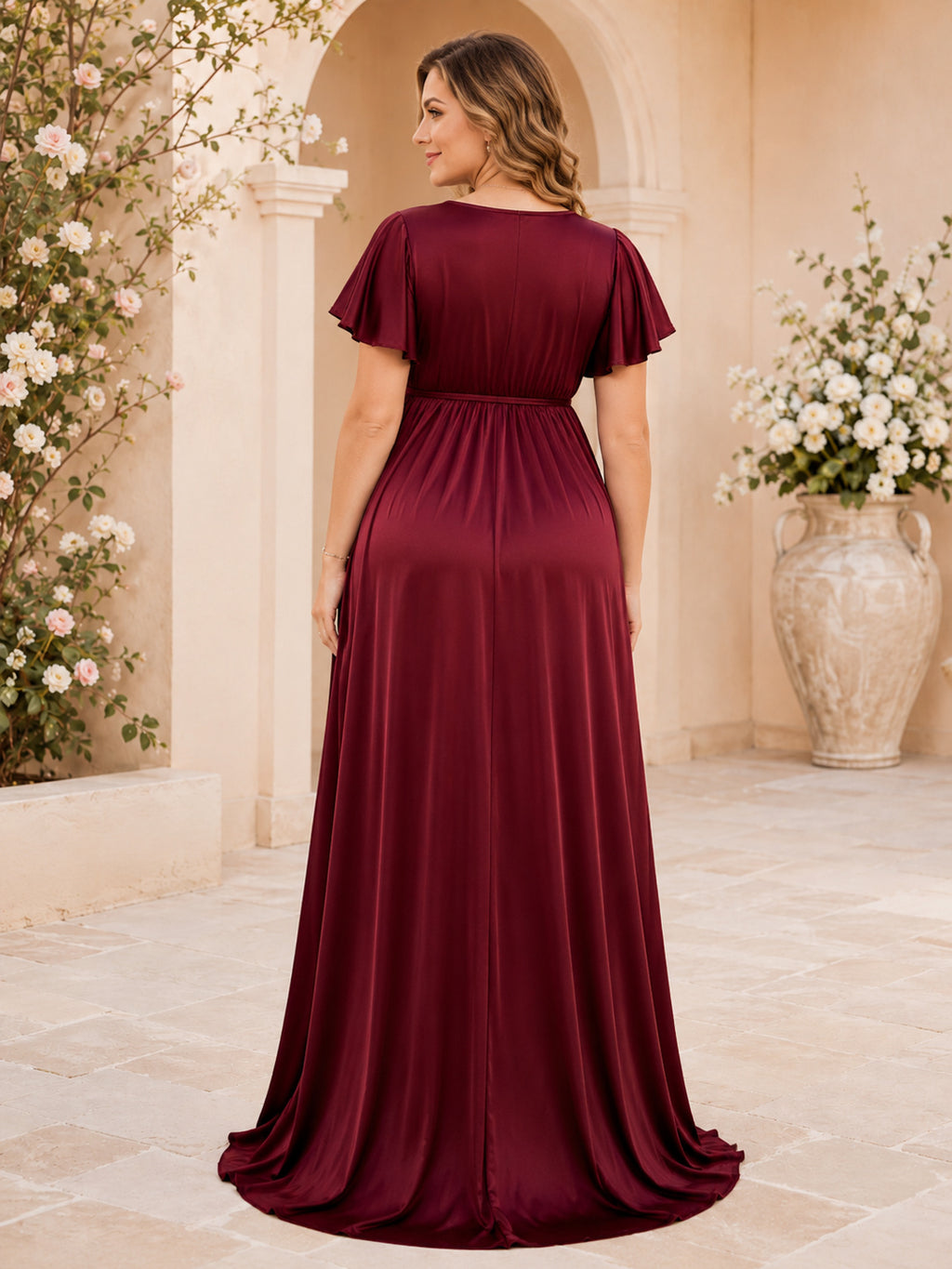 Burgundy Twin Maternity Wrap V-Neck Flutter Sleeve Satin Empire Formal Gown back view