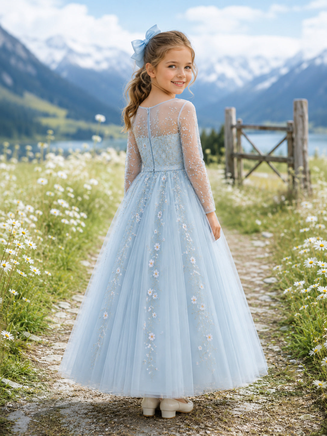 Sky Blue Ankle-Length Ball Gown Flower Girl Dress with Long Illusion Sleeves, Scoop Neck, Daisy Embroidery and Zipper Back ba