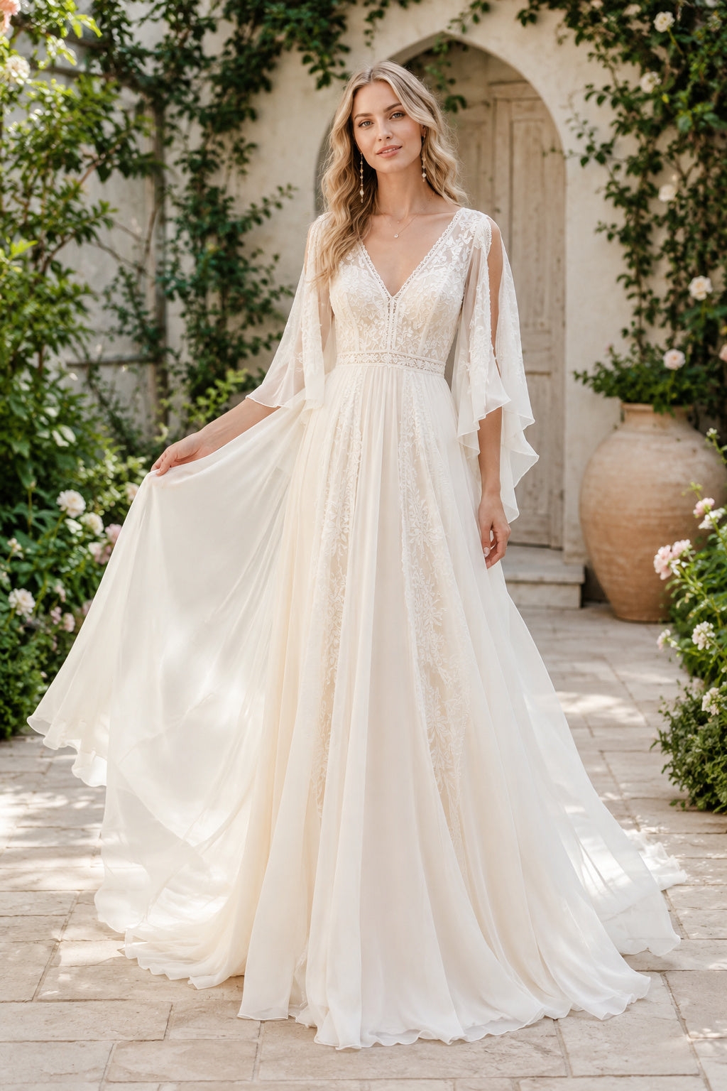 Ivory Flutter Sleeve Chiffon A-Line Wedding Dress with V-Neck and V-Back front view