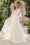 Ivory Flutter Sleeve Chiffon A-Line Wedding Dress with V-Neck and V-Back front view