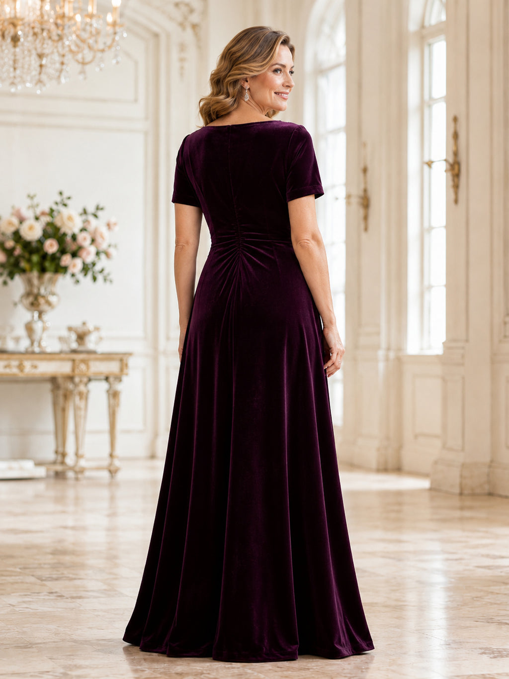 Plum Elegant Floor-Length A-Line Mother of the Bride Velvet Gown with Beaded Scoop Neck and Short Flutter Sleeves back view
