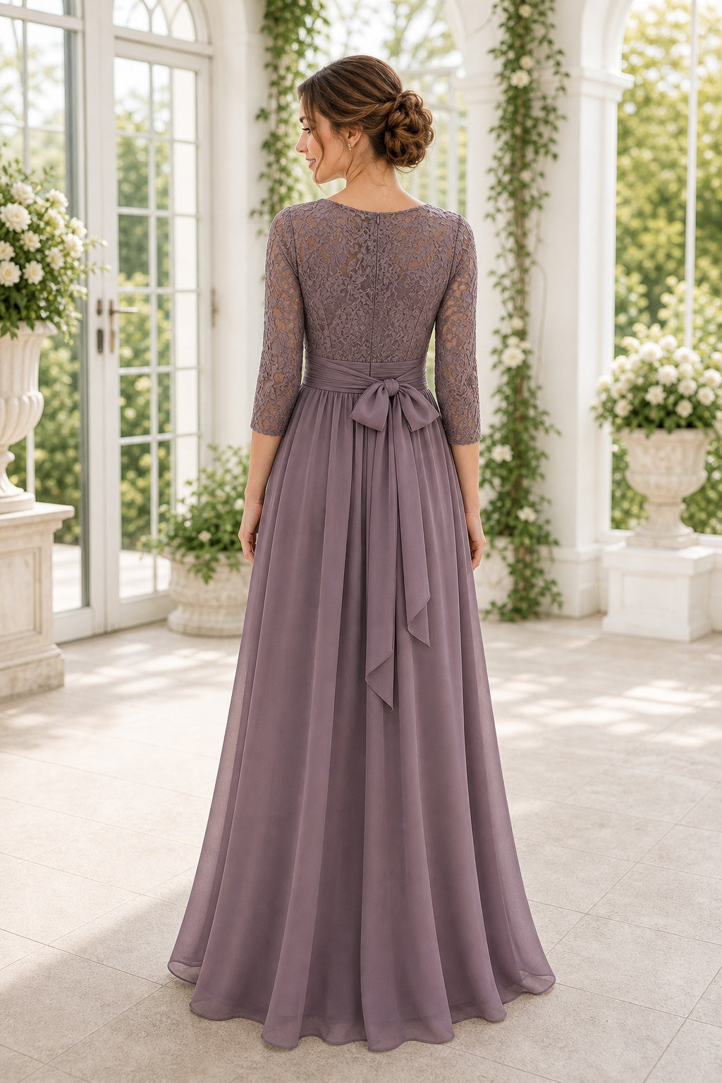 Mauve Bateau Long Sleeve A-Line Chiffon Floor-Length Dress With Lace Bodice