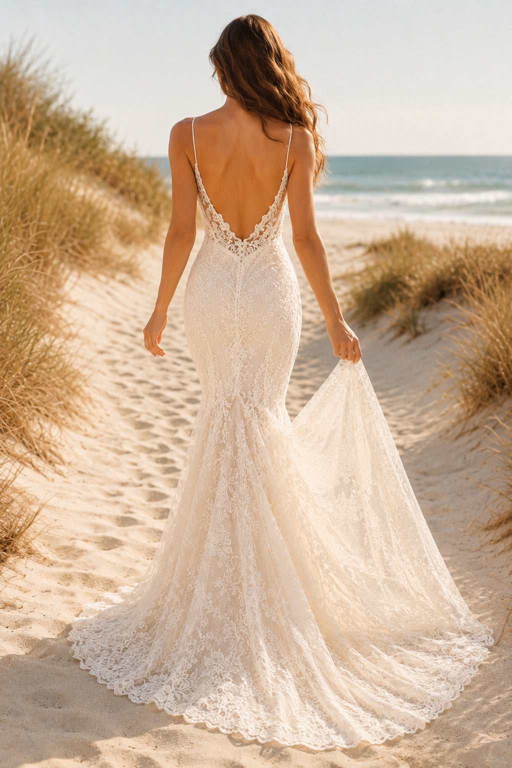 Ivory Spaghetti V-Neck Lace Mermaid Wedding Dress Chapel Train for Bridal Ceremony and Reception Style MG_700809 back view