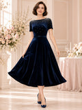 Dark Navy Beaded Bateau Neck Velvet Tea Length Guest Dress front view