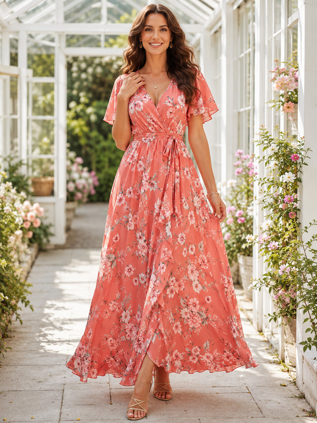 Coral Floral Maternity V-Neck Ruffle Sleeve Chiffon A-Line Ankle-Length Dress front view