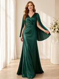 Dark Green V-Neck Long Cape Sleeve Satin A-Line Floor Guest Gown front view