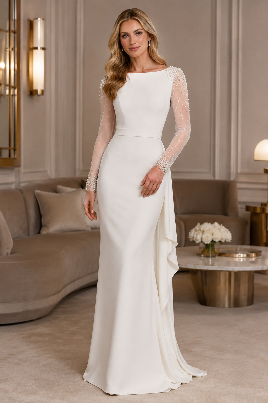 Ivory Long Sleeve Crepe Wedding Dress with Lace Sleeve Detail front view