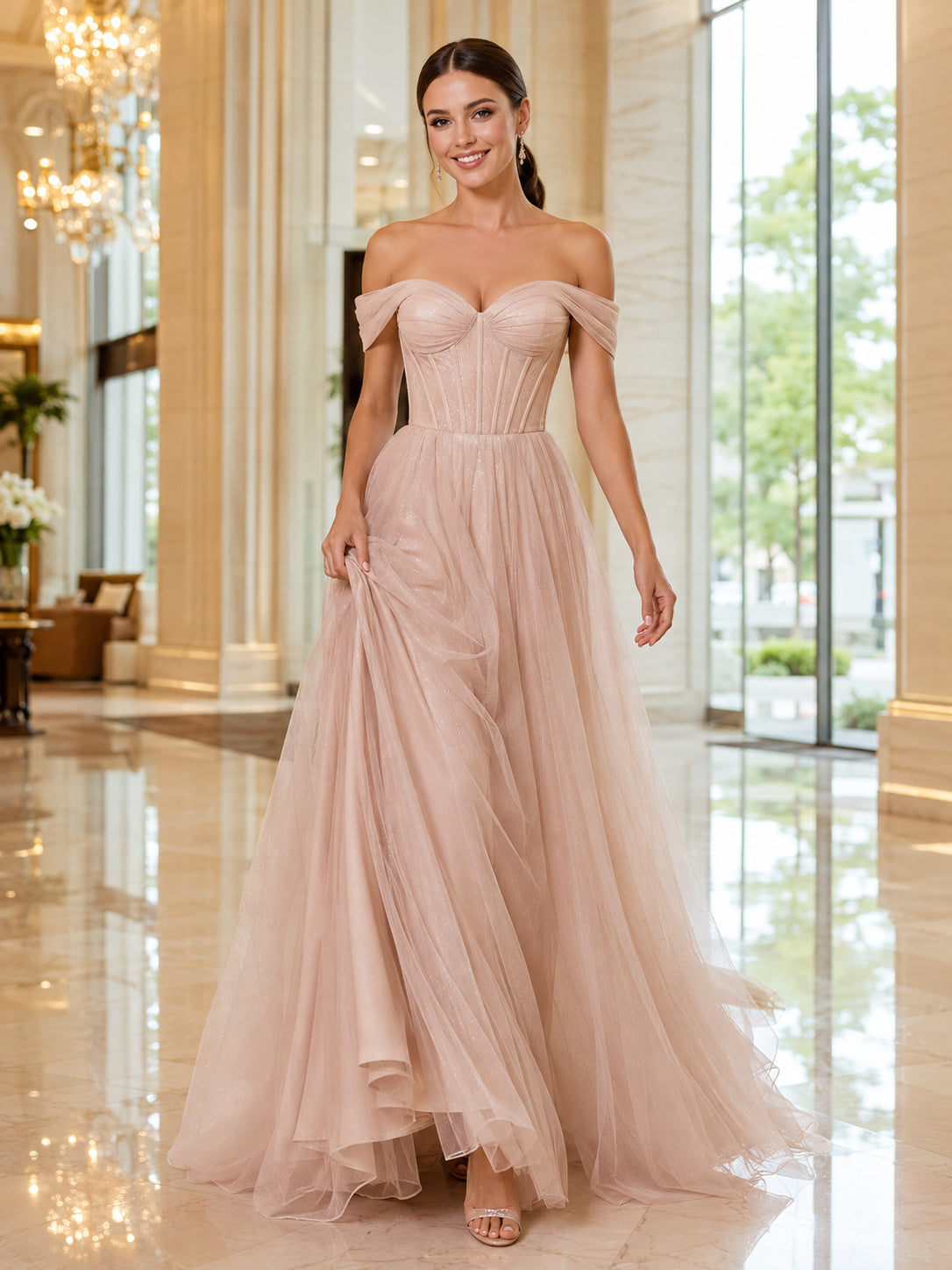Blush Off-the-shoulder Corset Tulle A-Line Gown front view