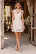 Ivory High Neck Lace Mini Wedding Dress with Cap Sleeves and Illusion Back for Garden Reception front view