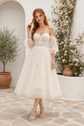 Ivory Off Shoulder Half Sleeve Lace Tea Length Wedding Dress for Wedding Reception and Party front view