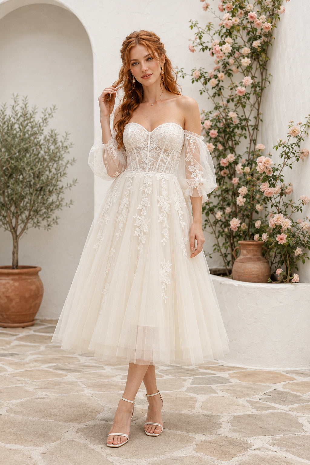 Ivory Off Shoulder Half Sleeve Lace Tea Length Wedding Dress for Wedding Reception and Party front view