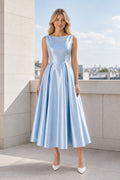 V-neck Sleeveless A-Line Satin Tea-Length Dress With Pleated Skirt