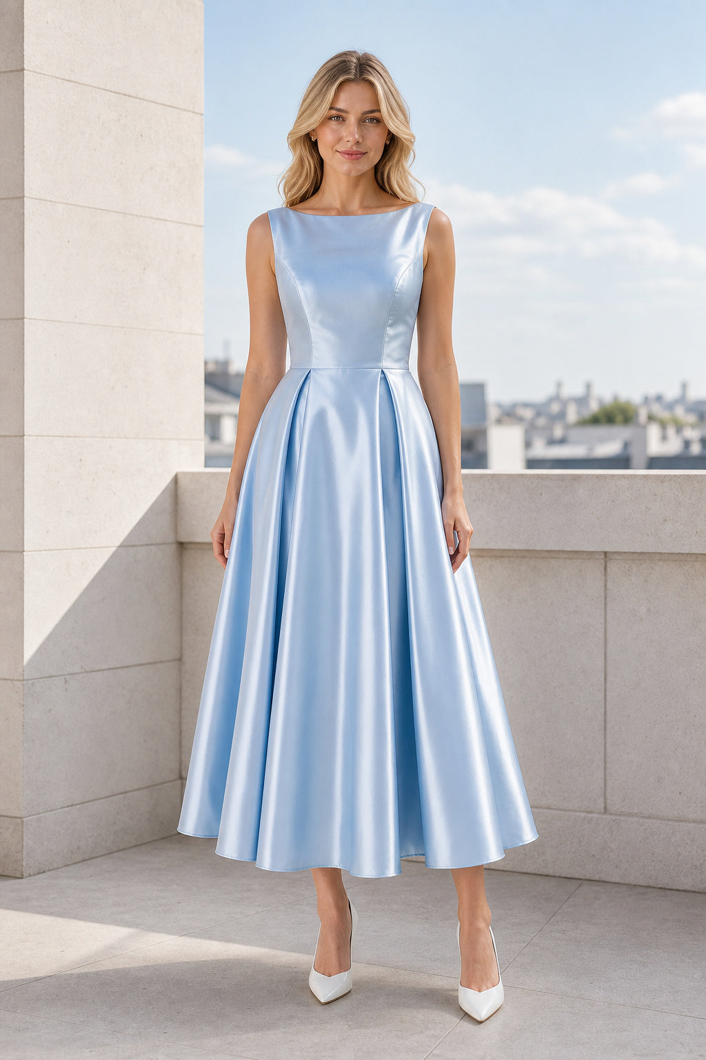 V-neck Sleeveless A-Line Satin Tea-Length Dress With Pleated Skirt