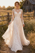 Ivory Long Sleeve Lace A-Line Wedding Dress with Illusion Neckline and Train front view