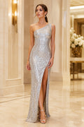 Silver One-Shoulder Sequin Sheath Evening Dress with Thigh Slit front view