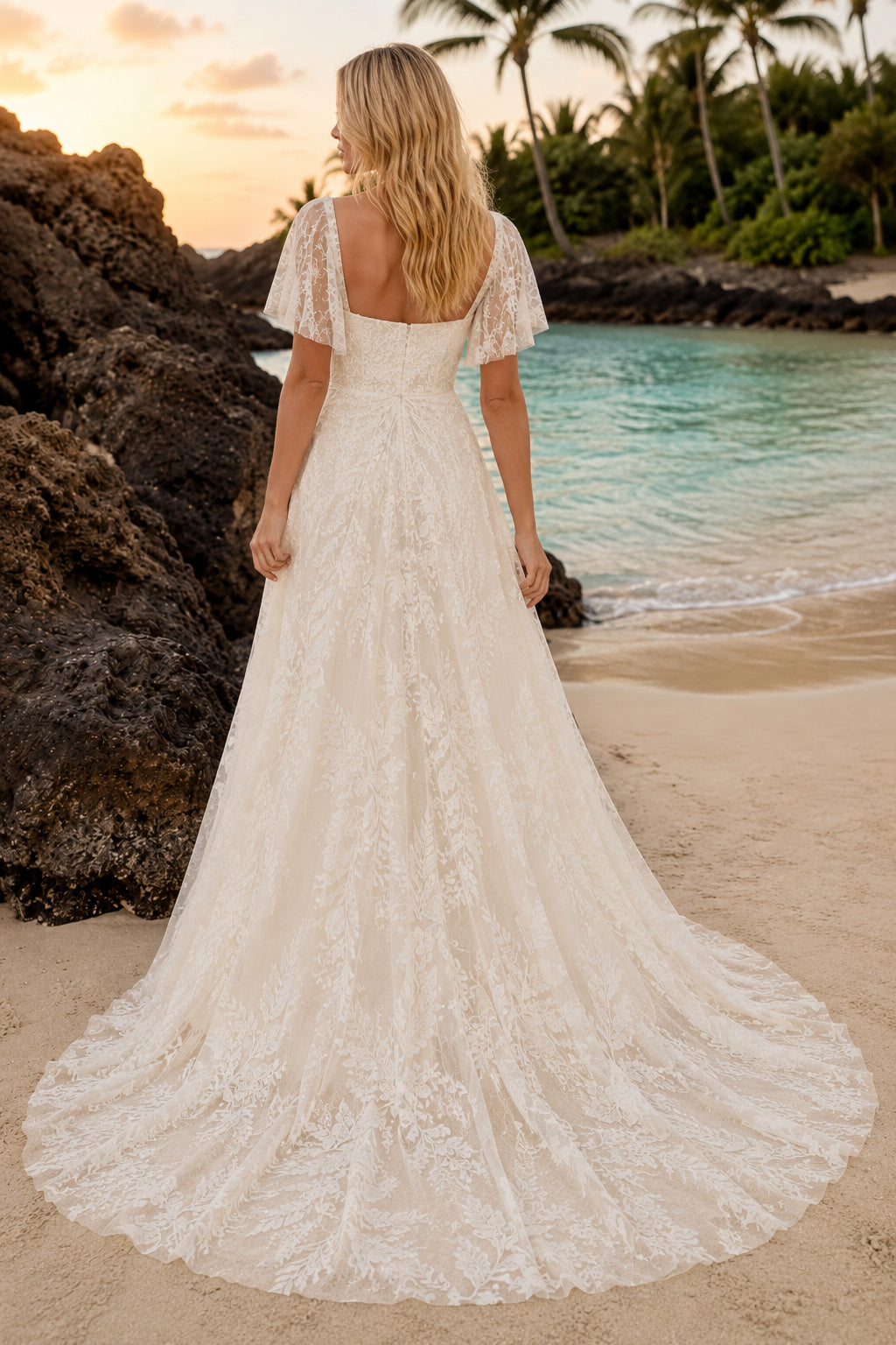 Ivory Short Sleeve Scoop Lace A-Line Wedding Dress Chapel Train for Bridal Ceremony and Reception back view