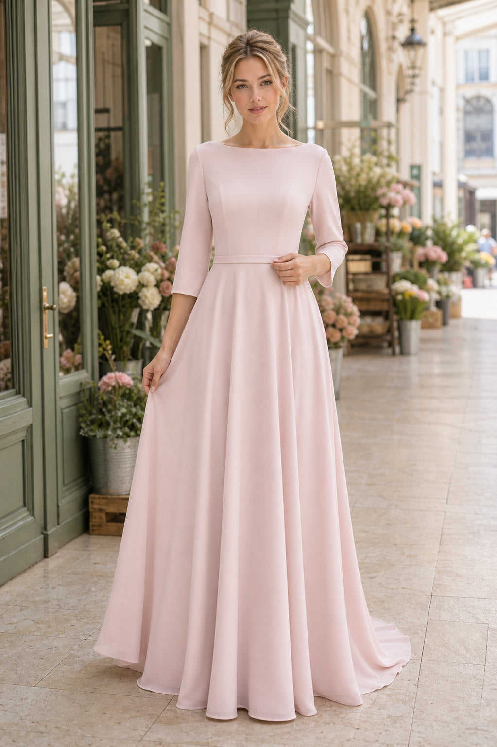 Blush Bateau Three-Quarter Sleeves A-Line Satin Floor-length Formal Dress With Pleats