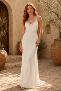 Minimal Scoop Neck Satin Sheath Wedding Dress with Spaghetti Straps and Small Train front view