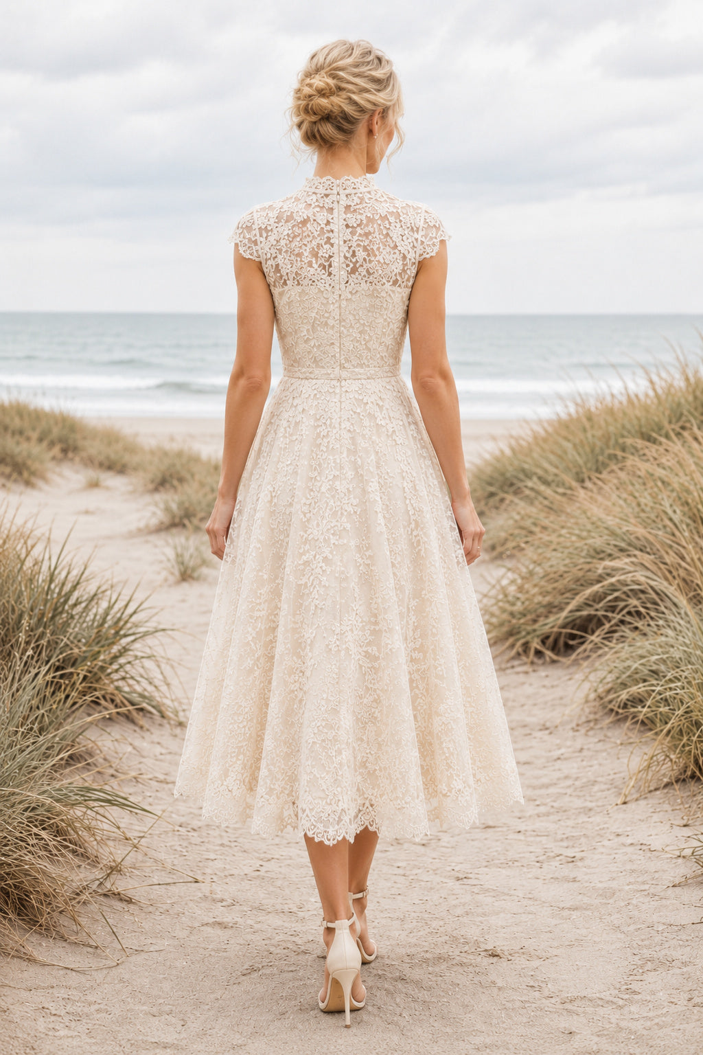 Ivory Modest High Neck Tea-Length A-Line Tea Length Lace Wedding Dress with Cap Lace Sleeves and Tea-Length Hem back view
