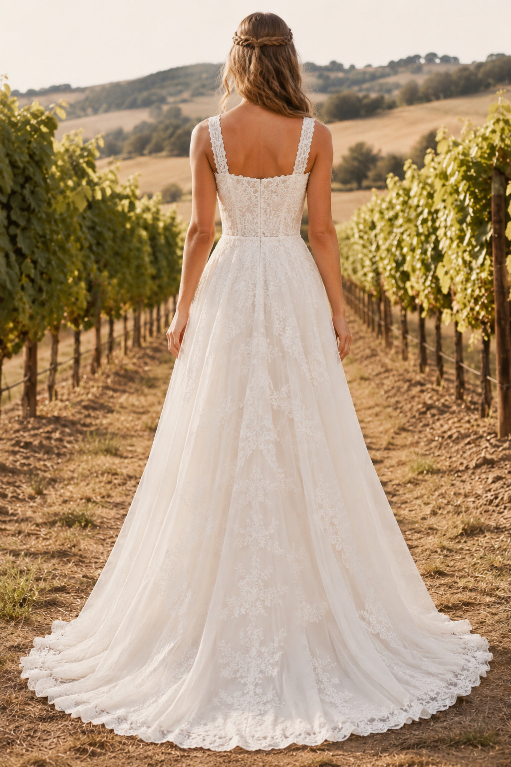 Square Neck Strap High Low A-Line Wedding Dress with Lace Bodice and Sweep Train back view