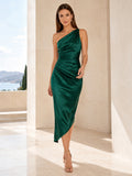 Dark Green One-Shoulder Satin Sheath Cocktail Dress front view