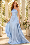 Sky Blue One-Shoulder Satin A-Line Formal Dress with Draped Bodice and Floor Skirt front view