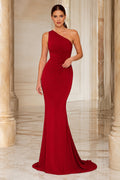 Red One Shoulder Fitted Mermaid Prom Gown With Clean Sweep Train Floor-Length And Sweep Brush Train Mermaid Trumpet Prom Dres