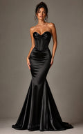 Black Strapless Satin Mermaid Prom Dress with Corset Bodice and Sweep Train front view