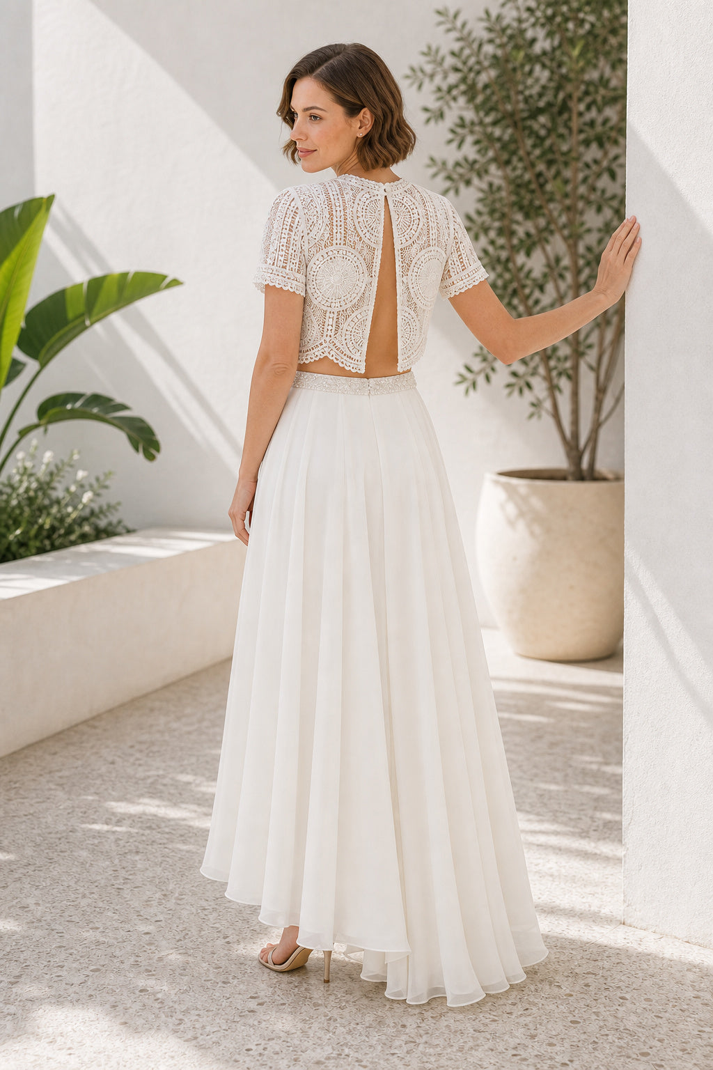 White Jewel Short Sleeves Two-Piece Chiffon, Lace Floor-length Wedding Dress With Lace and Front Slit