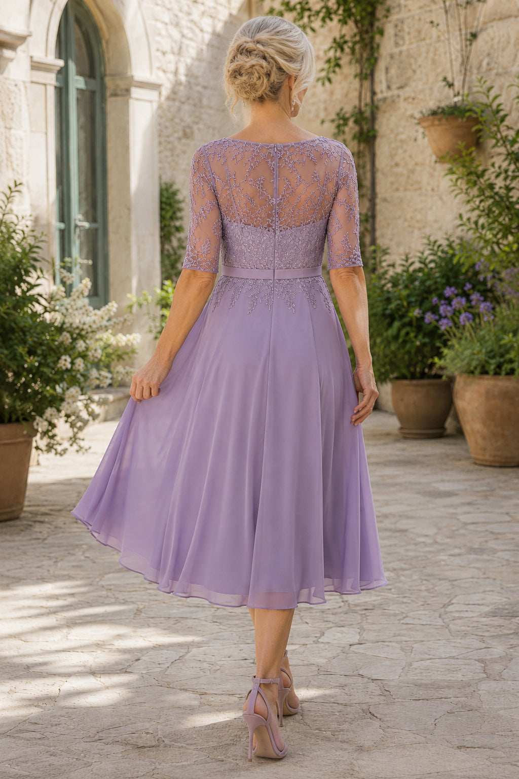 Lavender Tea-Length Lace Bodice Mother Dress with Illusion Three-Quarter Sleeves back view