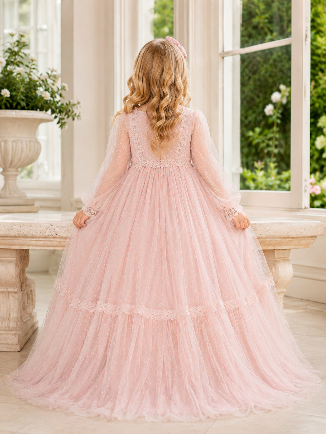 Blush Tiered Tulle A-Line Flower Girl Dress with Low Back and Floor-Length Skirt back view