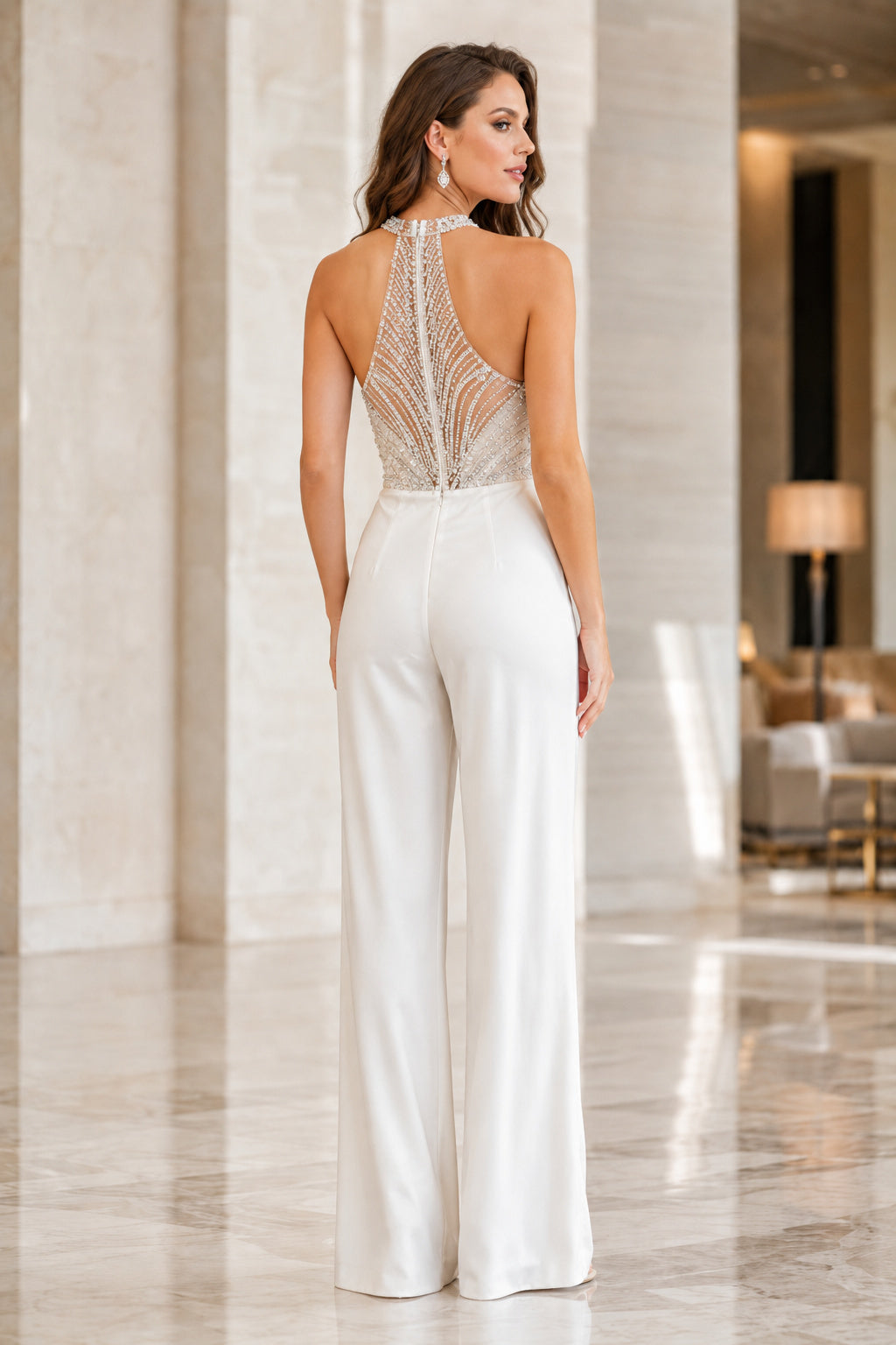 White Halter Beaded Illusion Bridal Jumpsuit back view